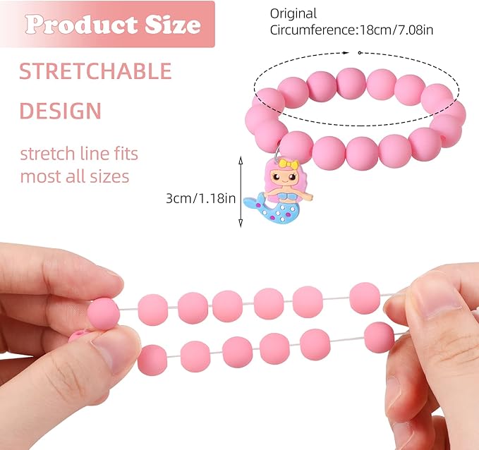 6 Pieces Mermaid Beaded Bracelets for Girls, Silicone Mermaid Pendant Bracelet Kids Jewelry Bracelets Set Princess Dress up Party Favor Gift (random colors)