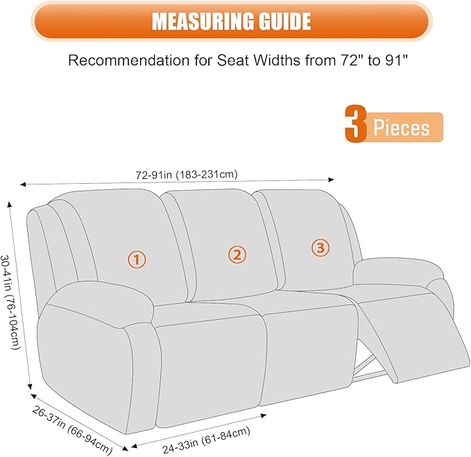 VANSOFY Recliner Cover, 3-Pieces Stretch Reclining Couch Covers with Pockets Reclining Sofa Slipcovers 3 Seater Soft Washable Furniture Protector for Dogs Cats(Dark Gray)