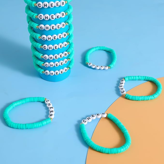 24 Pcs Cheerleader Gifts for Girls Handmade Friendship Bracelets for Teen Girls Stretch Cheer Bracelets Y2k Cheer Stuff Stackable Clay Bead Bracelets Bulk Teens Birthday Christmas Party Favors