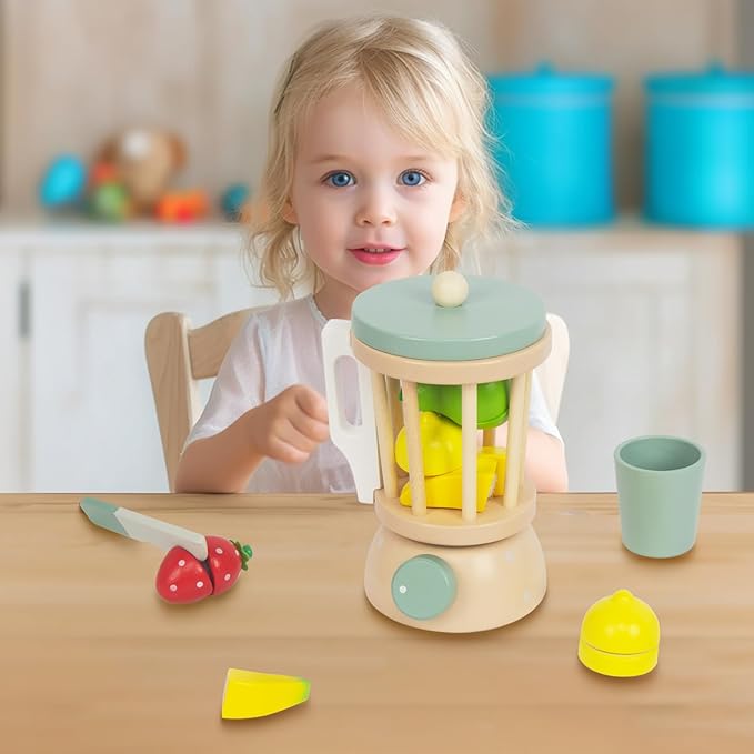 Kids Play Kitchen Toys, Wooden Fruits Juicer for Kids, Pretend Play Kitchen Accessories, Montessori Learning Toy for Toddlers 1-3