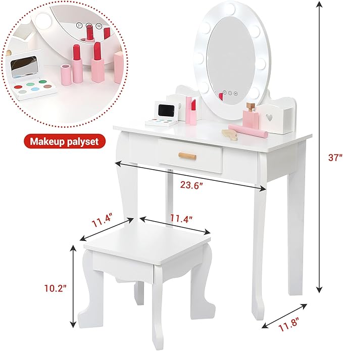 Kids' Vanity Set with Mirror and Light, Makeup Table and Stool for Girls, Vanity Table and Chair Set with Wood Makeup Playset for 4-9 Girls, White （Batteries Not Included）