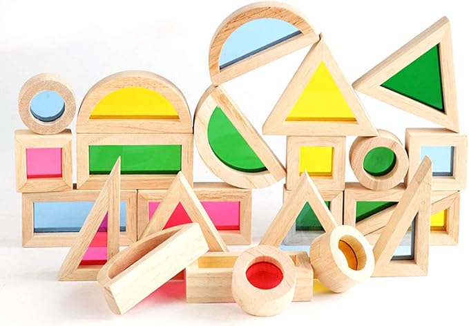 Xylolin Wooden Building Blocks for Toddlers 1-3, 24 Pieces Set Big Toddler Wood Sensory Blocks, Wooden Rainbow Kids Stacking Blocks, Large Colored Window Blocks Educational Toys for Boys Girls