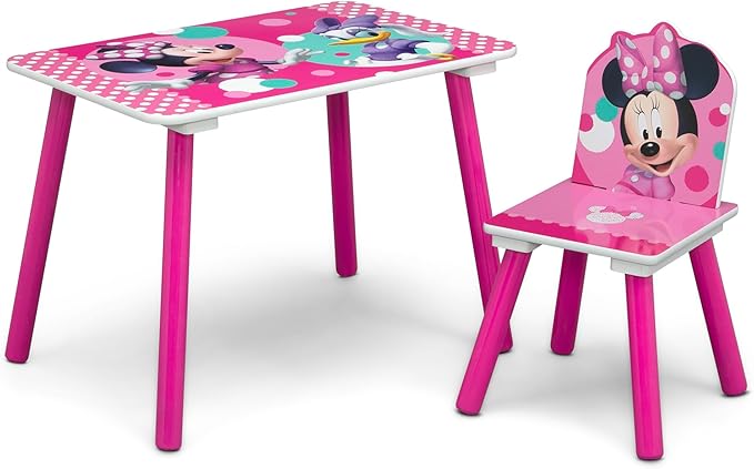 Delta Children Disney Minnie Mouse 4-Piece Toddler Room-in-a-Box Set – Includes Sleep and Play Toddler Bed, Table, 1 Chair and Toy Box, Pink
