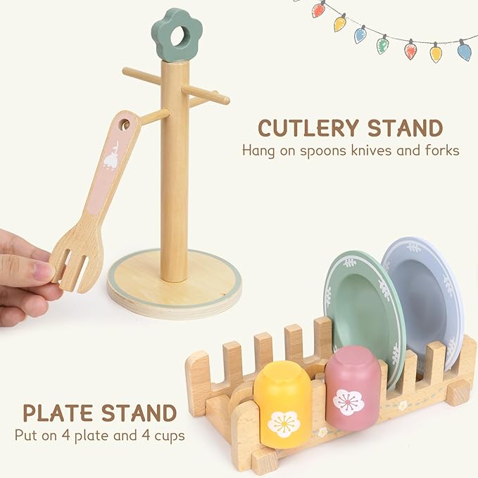 20 PCS Kitchen Playset with Wooden Toy Plates and Dishes, Montessori Kitchen Toys for Girls and Boys, Wooden Play Kitchen Accessories for Kids Toddlers Aged 3 and up