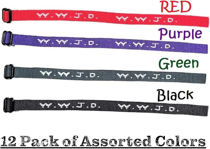 AMERICAN WIT Colorful W.W.J.D. Webbing Bracelets (12 Pack) (“What would Jesus do?”) Colors: black, army green, purple, bright red Religious Christian Wristband,