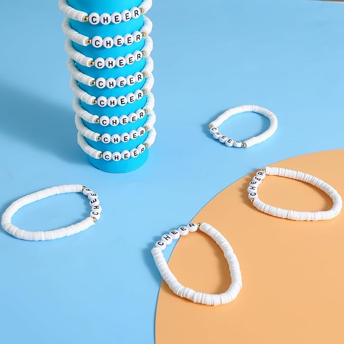 24 Pcs Cheerleader Gifts for Girls Handmade Friendship Bracelets for Teen Girls Stretch Cheer Bracelets Y2k Cheer Stuff Stackable Clay Bead Bracelets Bulk Teens Birthday Christmas Party Favors
