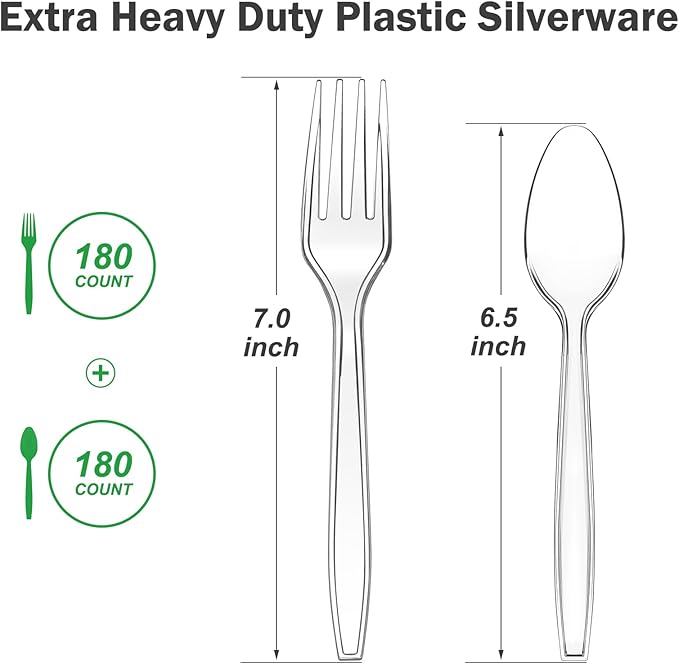 360 Count Extra Heavy Duty Clear Plastic Forks and Spoons, 180 Forks & 180 Spoons, Heat Resistant, Disposable Plastic Silverware, Disposable Spoons and Forks Set Plastic