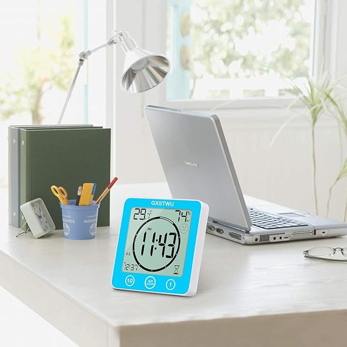 Digital Shower Clock, Bathroom Timer Clock, Waterproof for Water Spray, Count Up Count Down Alarm, Touch Screen Timer, Temperature Humidity, Wall Clock Magnet, Suction Cup, Hanging, Stand Blue