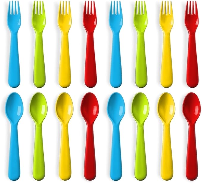 16 Pcs Plastic Toddler Utensils Set 8 Kids Forks and 8 Kids Spoons BPA Free/Dishwasher Safe Toddler Silverware Brightly Colored Kid Plastic Cutlery Set, Great for Kids and Toddlers Utensils