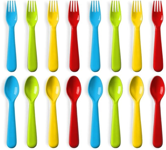 16 Pcs Plastic Toddler Utensils Set 8 Kids Forks and 8 Kids Spoons BPA Free/Dishwasher Safe Toddler Silverware Brightly Colored Kid Plastic Cutlery Set, Great for Kids and Toddlers Utensils