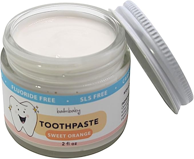 Kids All Natural Fluoride Free Toothpaste by Balm Baby Brand – SLS Free Toothpaste with Xylitol, Vegan, Gluten Free, BPA Free, Glass Jar Zero Waste Children’s Teeth Paste (Mint & Orange)