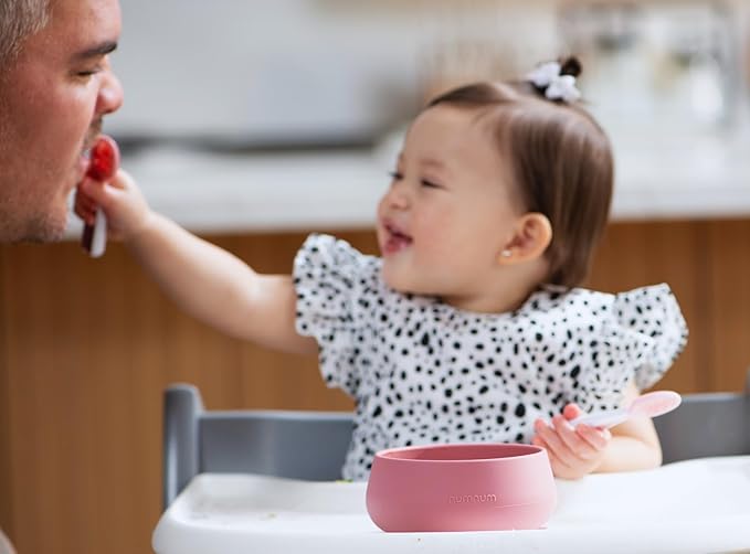 NumNum Suction Bowl + Pre-Spoon GOOtensils Self Feeding Set for Babies & Toddlers | Baby Spoon Set (Stage 1+ 2) | 100% Food Grade Silicone BPA-Free | Strong Suction | 4 months+ (Mauve)