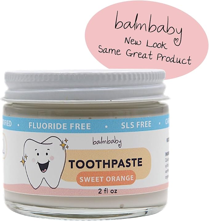Kids All Natural Fluoride Free Toothpaste by Balm Baby Brand – SLS Free Toothpaste with Xylitol, Vegan, Gluten Free, BPA Free, Glass Jar Zero Waste Children’s Teeth Paste (Orange)