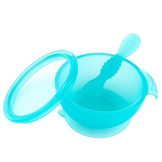 Bumkins Baby Bowl, Silicone Feeding Set with Suction for Baby and Toddler, Includes Spoon and Lid, First Feeding Set, Training Essentials for Baby Led Weaning for Babies 4 Months Up, Blue Jelly