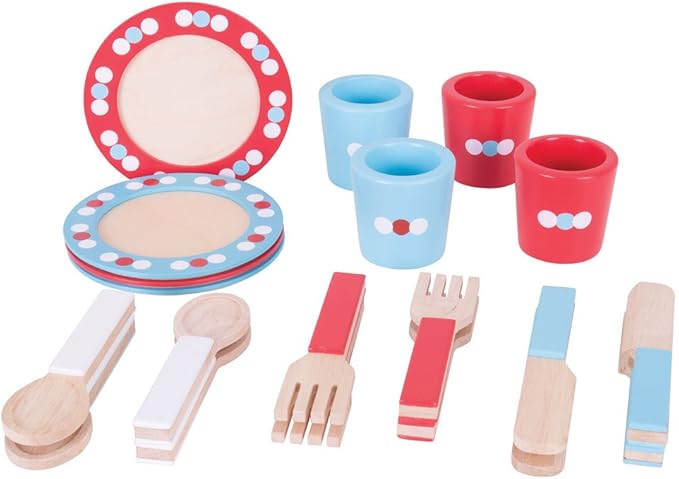 Bigjigs Toys Role Play Dinner Service Tea Set - Kids Tea Set with Toddler Cutlery, Toy Kitchen Accessories for Wooden Play Kitchen, Toy Plates and Cutlery Set