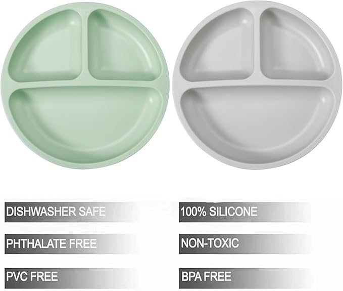 PandaEar Silicone Baby Feeding Set| 2 Pack Silicone Divided Suction Plate with 2 Pack Spoons | Baby Led Weaning Supplies Self Feeding Eating Utensils (Green/Grey)