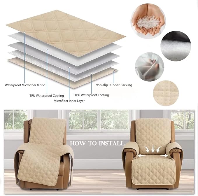 TOMORO Non-Slip Oversized Recliner Cover, 100% Waterproof Quilted Recliner Chair Slipcover Furniture Protector with Pockets, Washable Couch Cover with Elastic Straps for Kids and Pets