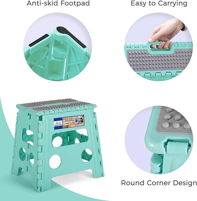 ACKO 10pack Folding Step Stool 13 Inch Stool Heavy Duty Plastic Foldable Step Stools for Kids, Stepping Stool with Handle, Folding Stool Suitable for Kitchen Hold Up to 300 LB (Teal)