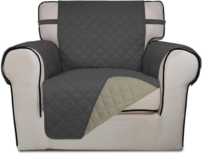 PureFit Reversible Quilted Sofa Cover, Water Resistant Slipcover Furniture Protector, Washable Couch Cover with Non Slip and Elastic Straps for Kids, Dogs, Pets (Chair, Dark Gray/Beige)