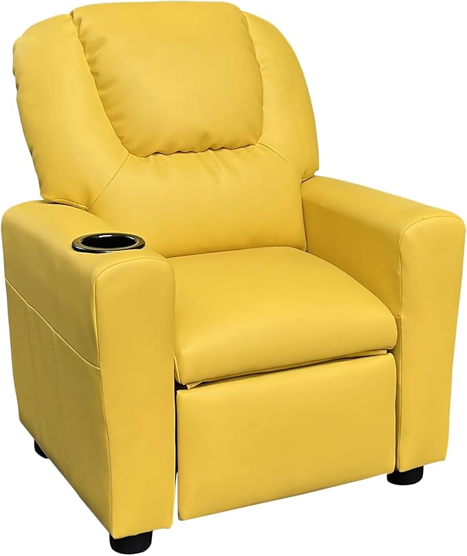 22" Kids Recliner Chair,Home Chirdren Seating with Cup Holder,Adjustable Footrest,Ergonomic Toddler Furniture w/Tilt Function,PU Leather,for Children,Boys & Girls, Living Room,Yellow