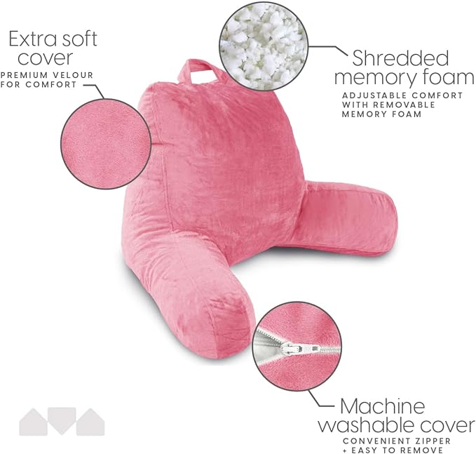 Milliard Reading Pillow with Shredded Memory Foam, Large Adult Backrest with Arms, Back Support for Sitting Up in Bed with Washable Cover (Sit up Pillow) Pink