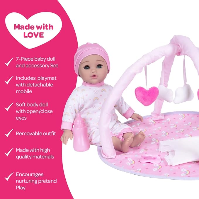 ADORA Over The Rainbow Baby Doll and Play Mat with 7 Piece Accessories Set Including Rainbow-Print Onesie, Beanie, Pacifier, Doll Diaper and Pink Bottle Birthday Gift for Kids Ages 3+