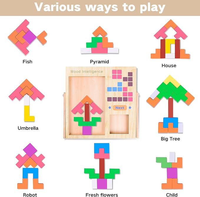 FFTROC Wooden Puzzles for Kids Ages 4-8 8-10 Thick Colorful 3D Russian Blocks and Brain Teaser Tangram Jigsaw STEM Intelligence Toys Educational Gift for Toddlers 3 4 5 6 7 Years Old Boys Girls