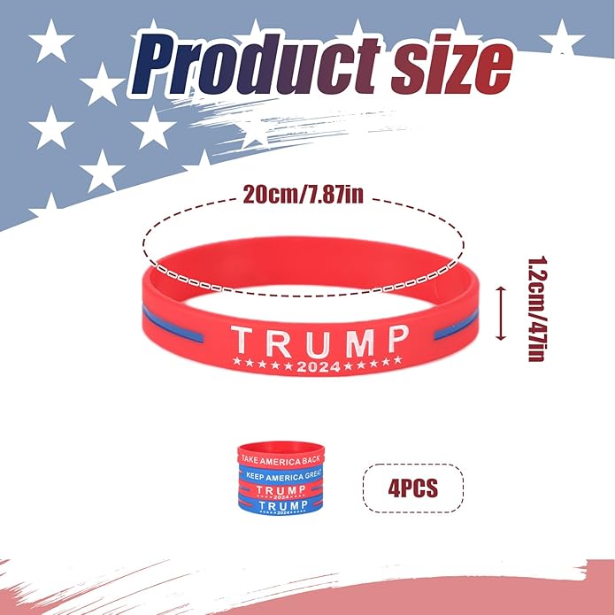 4pcs Trump Bracelets, Silicone Trump 2024 Bracelet Take America Back Bracelet Keep America Great Wristband Donald Trump Rubber Bracelets for Men Women Rally Supplies (Red, Blue)