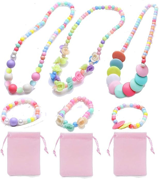 3Set Princess Pretend Play Necklace Bracelet Set Kit or Bracelets Packs Kids Play Jewelry Little Girls Costume Necklaces Toddler Dress up Jewelry Xmas Gift