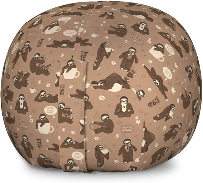 Ambesonne Funny Sloth Storage Toy Bag Chair, Whimsical Lazy Animal with Morning Coffee Poses Enjoy The Moment, Stuffed Animal Organizer Washable Bag, Large Size, Umber Beige Warm Taupe