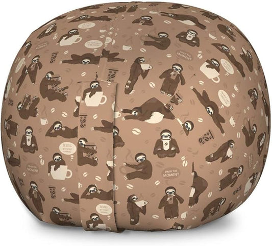 Ambesonne Funny Sloth Storage Toy Bag Chair, Whimsical Lazy Animal with Morning Coffee Poses Enjoy The Moment, Stuffed Animal Organizer Washable Bag, Large Size, Umber Beige Warm Taupe
