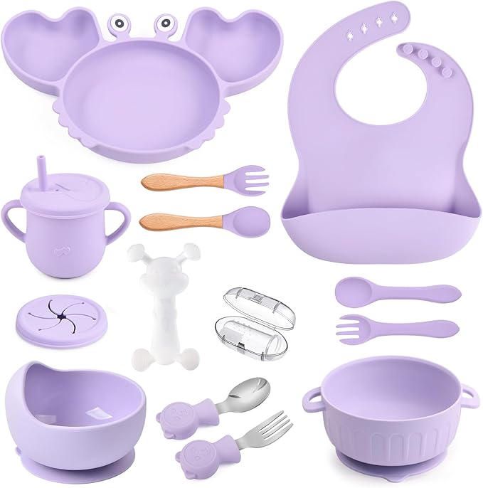 Silicone Baby Feeding Set 15 Pcs，Baby Spoons Suction Bowl Divided Plate Bib Cup Finger Brush Teething Teether，Baby Led Weaning Supplies,Baby & Toddler Silicone Plates and Bowls Dining Set（purple）