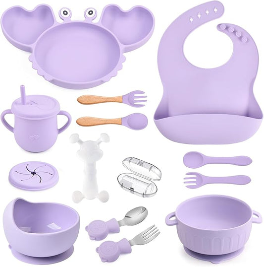 Silicone Baby Feeding Set 15 Pcs，Baby Spoons Suction Bowl Divided Plate Bib Cup Finger Brush Teething Teether，Baby Led Weaning Supplies,Baby & Toddler Silicone Plates and Bowls Dining Set（purple）
