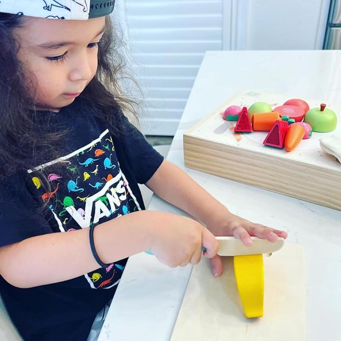 Story Magic Wooden Farm-to-Table Cutting Food Set, Wooden Play Food Toy, Kids Wood Cutting Fruits Vegetables, Toddler Cooking Pretend Play Kitchen Food Set