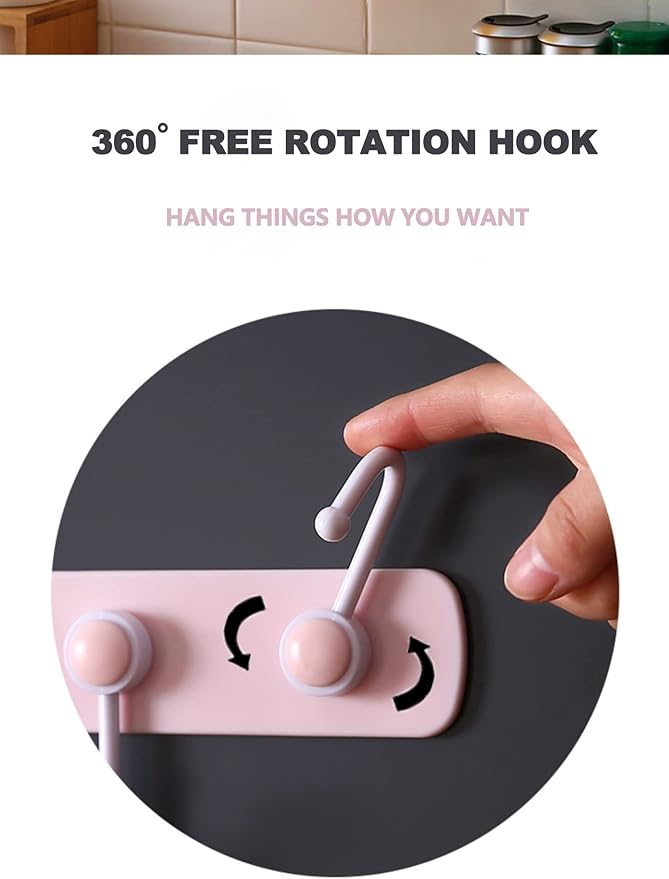 Kids Coat Rack Wall Mount, Adhesive Wall Hooks with 6 Rotating Hooks for Hanging Clothes Cooking Towels, Pink Decorative Hangers for Girls Bedroom, Bathroom, Office (Pink 2 Pack)