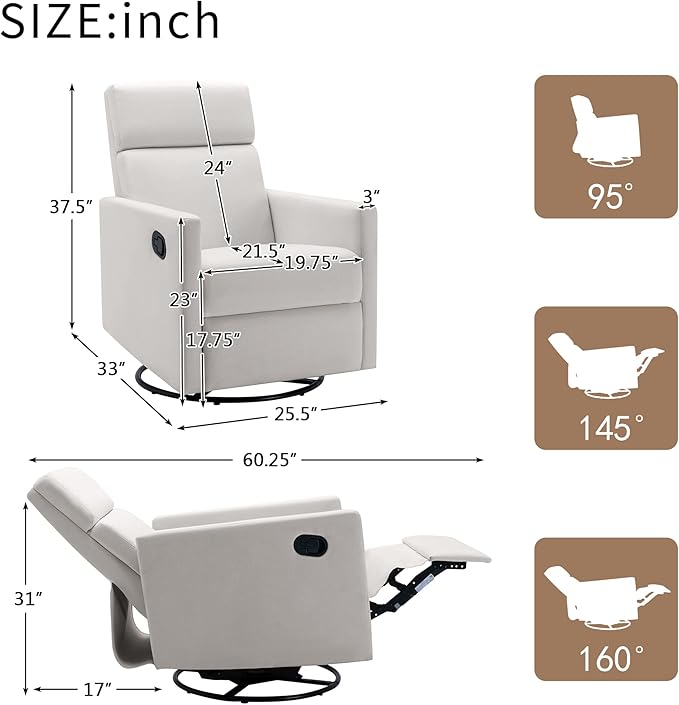 Modern Mid Century Upholstered Recliner Chair with Thick Seat Cushion and Backrest Wood Accent Armchair for Living Room, Bedroom, Home Office Beige