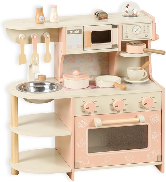 Wooden Kitchen Playset for Kids Ages 3-8, Pretend Play Kitchen for Toddlers with Realistic Design, Cooking Accessories, Coffee Maker, Oven, Microwave, Sink - Small