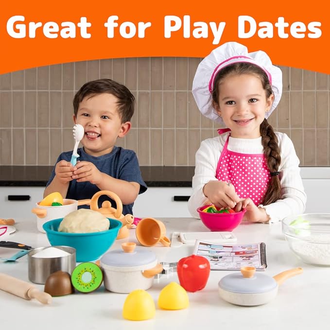 Kids Cooking and Baking Chef Set with Sliceable Play Food - Pretend Play Toddler Kitchen Toys - Kid Chef Apron, Fruit, Veggies, Hat & Utensils Kids Toy (Chef Set with Play Food)