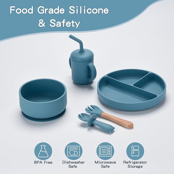 Silicone Baby Feeding Set,13PCS Baby Feeding Essentials with Suction Bowl and Plate,Spoons & Forks,Bib & Cup,Baby Toothbrush,Baby Led Weaning Supplies for 6+ Months,Baby Eating Essentials (Blue)