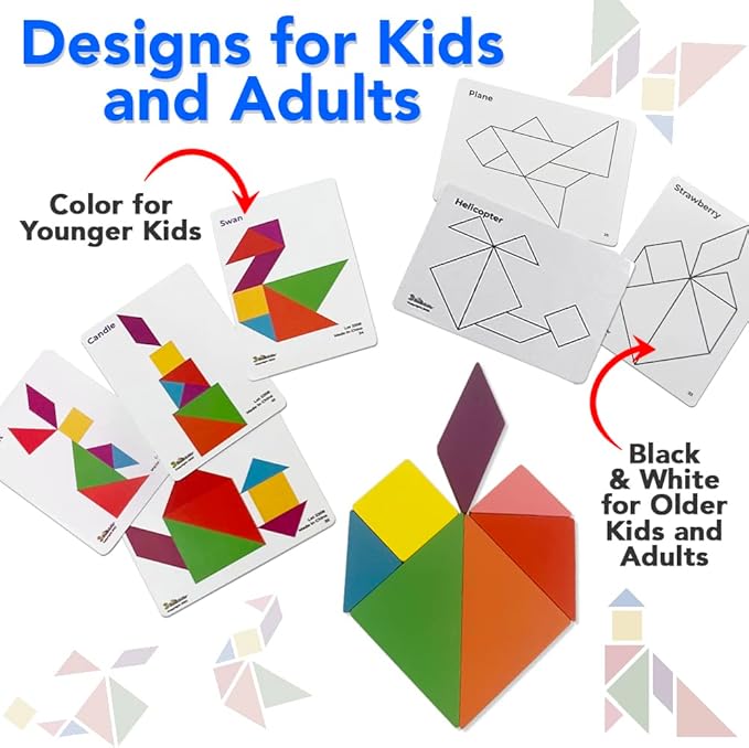 3 Bees & Me 2 Wooden Tangram Shapes Puzzle Toys with 52 Pattern Cards for Kids and Adults - Montessori Wood Toy, STEM Shape Puzzles Manipulatives Games, Educational Tangrams for Kids