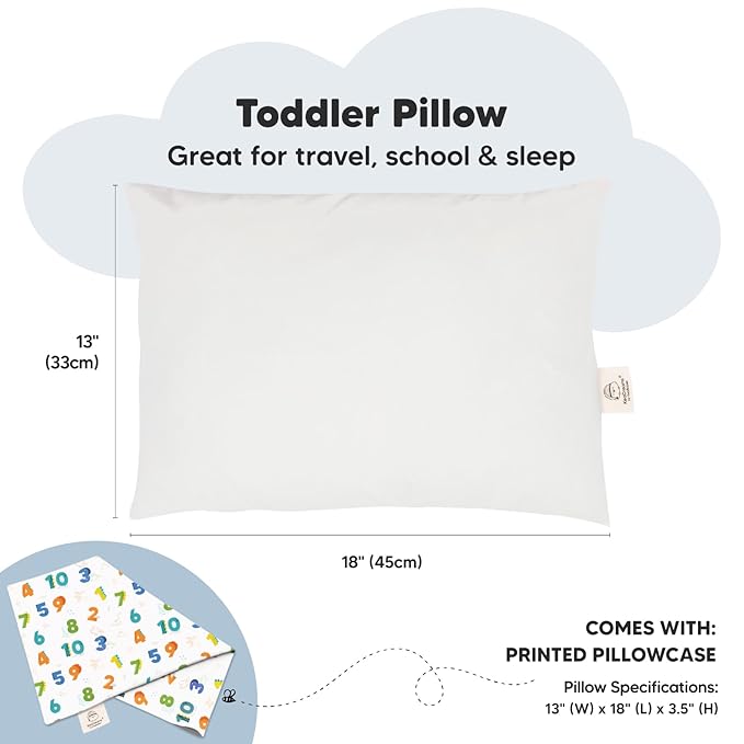 Toddler Pillow with Pillowcase - 13x18 My Little Dreamy Pillow, Organic Cotton Toddler Pillows for Sleeping, Kids Pillow, Travel Pillows, Mini Pillow, Nursery Pillow, Toddler Bed Pillow (Dino123)