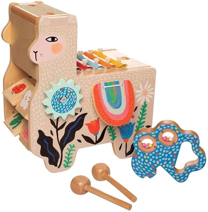 Manhattan Toy Musical Llama Wooden Instrument for Toddlers with Maraca, Clacking Saddlebags, Drumsticks, Washboard & Xylophone