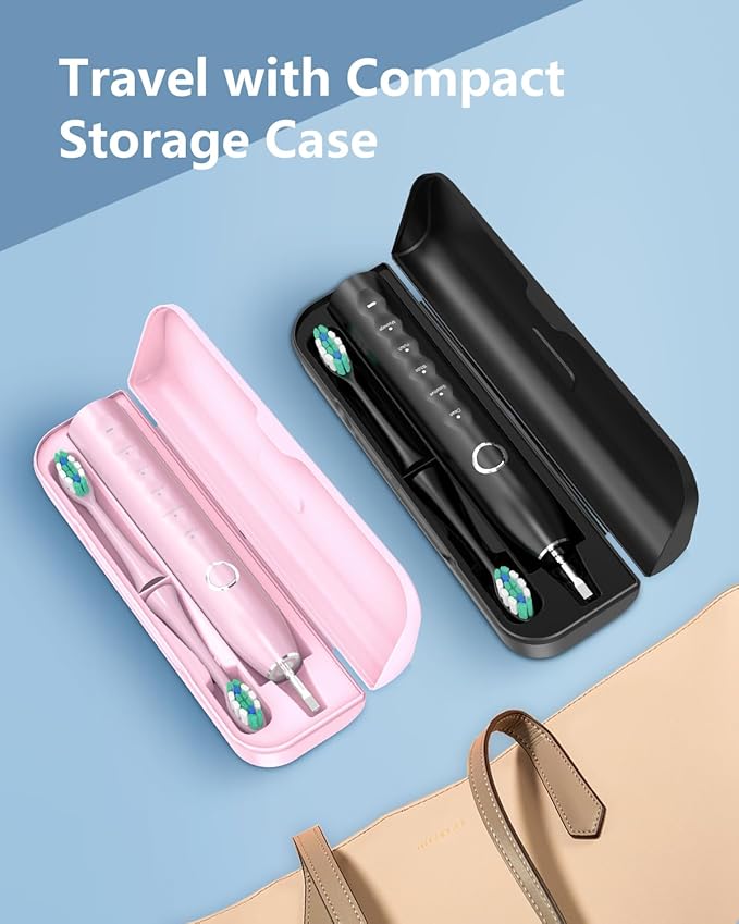 Rtauys Electric Toothbrush for Adults and Kids, Wireless Rechargeable Tooth Brush with 8 Replacement Heads, One Charge for 120 Days, 5 Modes Toothbrush with Travel Case, Pink