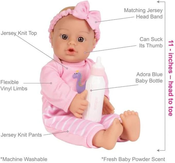 Adora Amazon Exclusive Sweet Babies Collection, 11” Soft and Cuddly Girl Baby Doll | Machine Washable, Birthday Gift For Ages 1+ - Baby Girl Dino