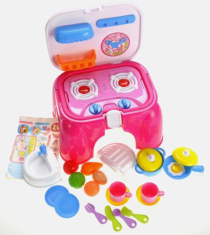 Kids Electric Kitchen Cooking Set Toy | Lights & Sounds | Folds into Step Stool | Portable & Easy to Store Unique Play Set
