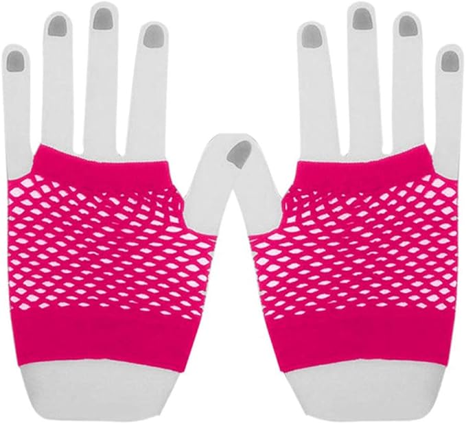 80s Women Costume Accessories Set Acrylic Neon Bead Necklace Bracelet Colorful Fingerless Short Fishnet Gloves for 80's Party