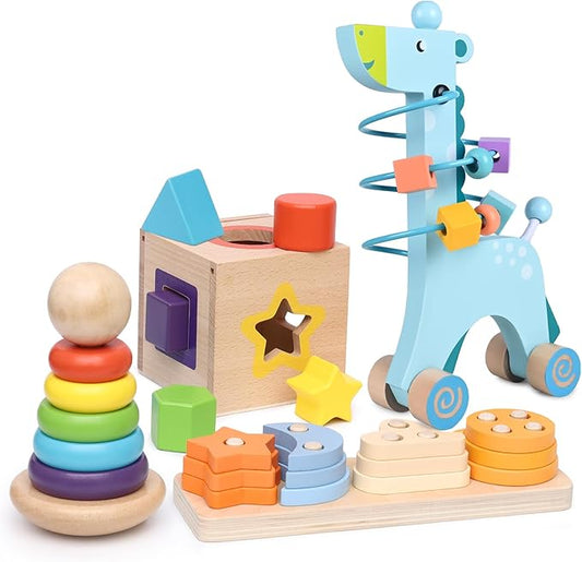 4-in-1 Wooden Montessori Toys for 1+ Year Old - Educational Sensory Toys for Toddlers Aged 1-3 - Baby Learning Toys for Boys and Girls, Christmas Birthday Gifts