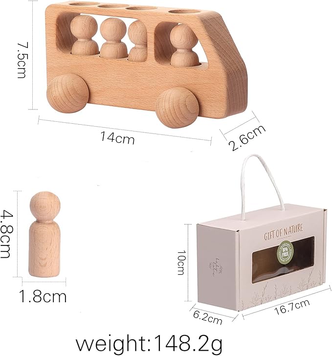 4 Wooden Figures in The Bus - Peg Dolls Unfinished Wooden Peg People Cars Wooden Figures Shape Preschool Learning Educational Toys Montessori Toys for Toddlers