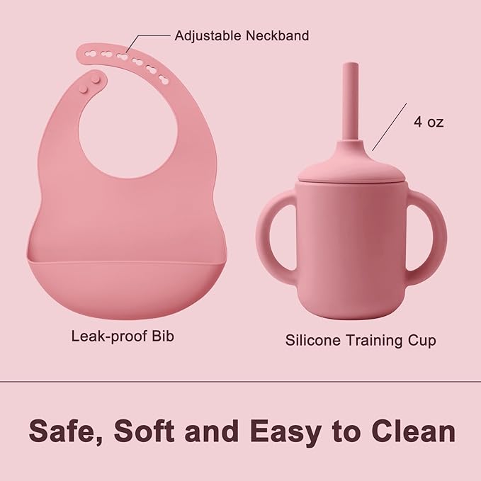 Silicone Baby Feeding Set 14 Pcs,Baby Led Weaning Supplies, Baby Spoons Suction Bowl Divided Plate Bib Cup Finger Brush,First Stage Solid Food Eating Utensils - 6+ Months(Deep Red)