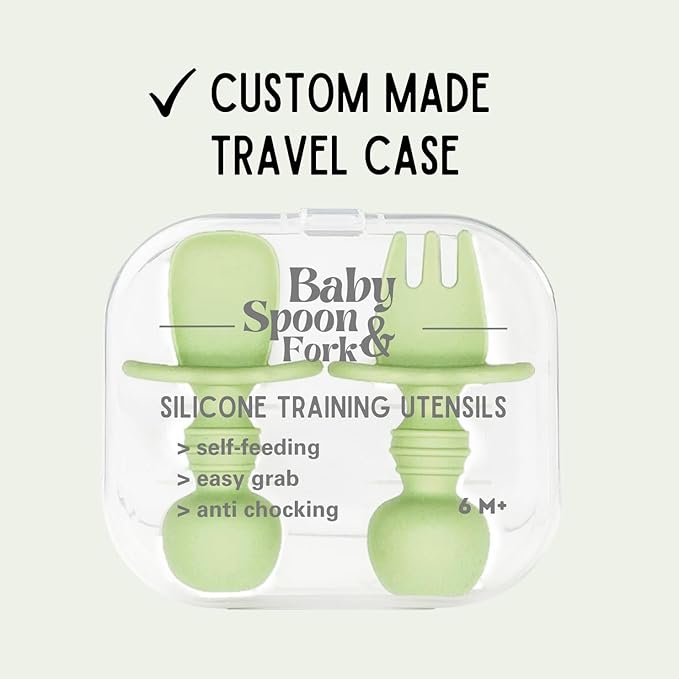 Silicone Baby Spoon and Fork Set with Custom Travel Case, Self Feeding, BPA Free, Anti-Choke (Sage green)